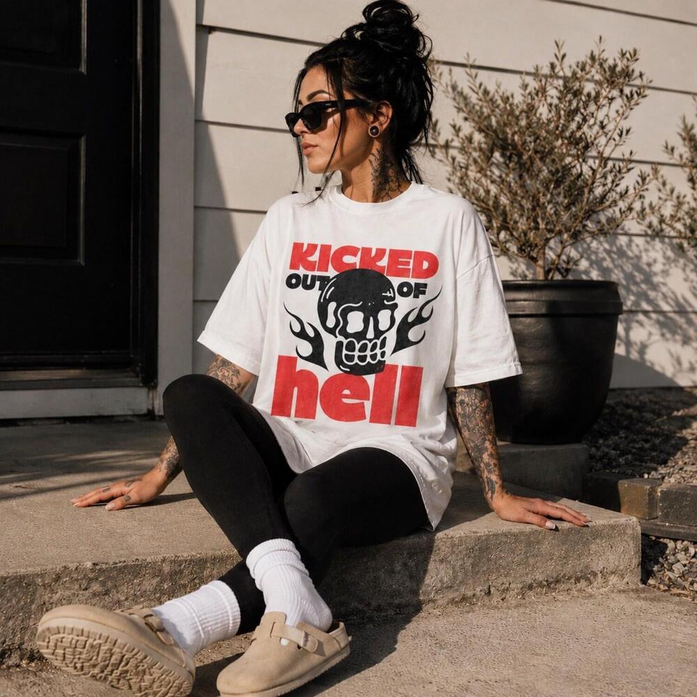 Kicked Out Of Hell Flaming Skull Graphic Tee Unisex Streetwear Top